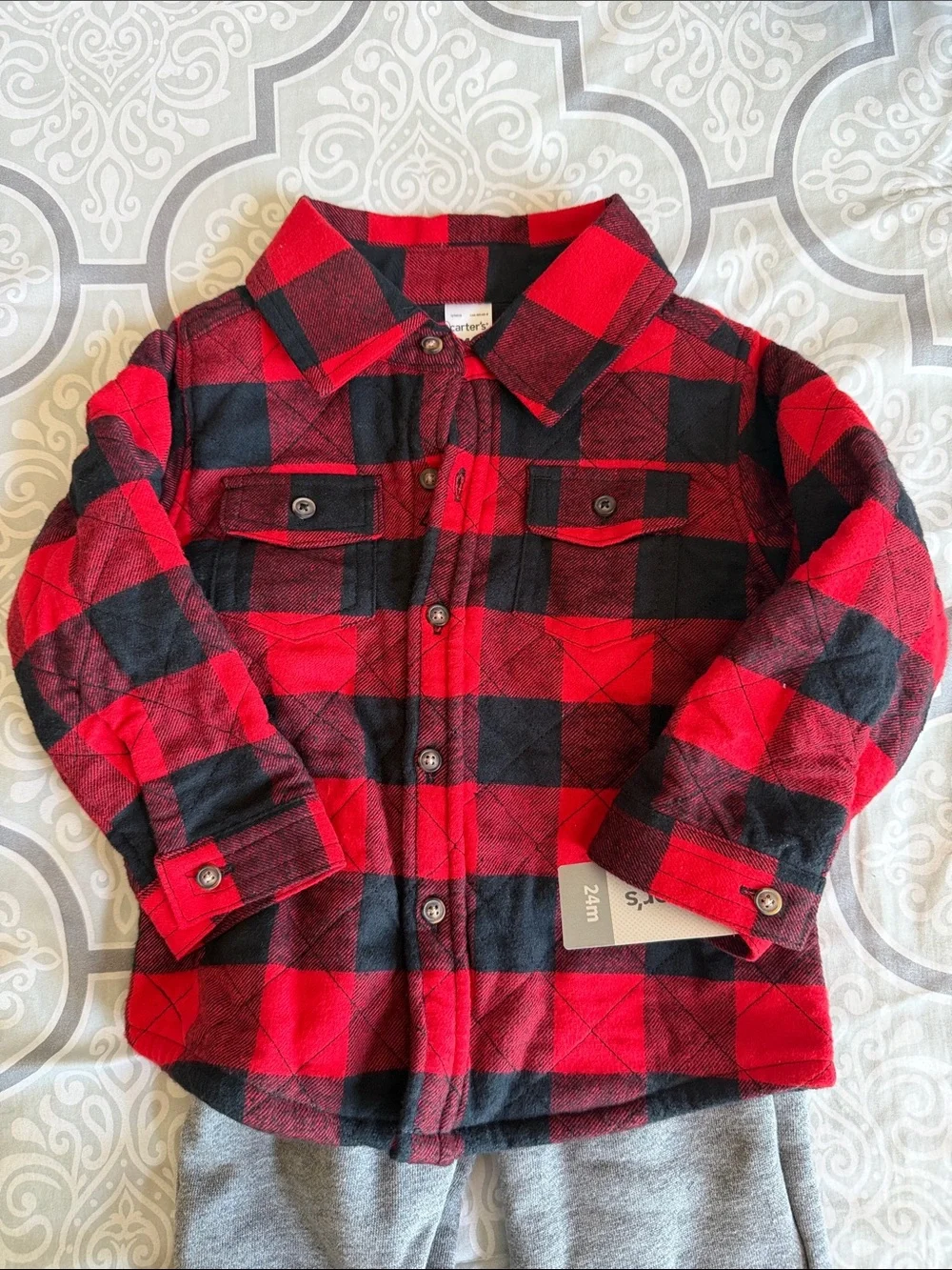 🪾Carter’s Red & Black Plaid Shirt with Gray Jogger Pants - Kids Bottoms Set 🪾